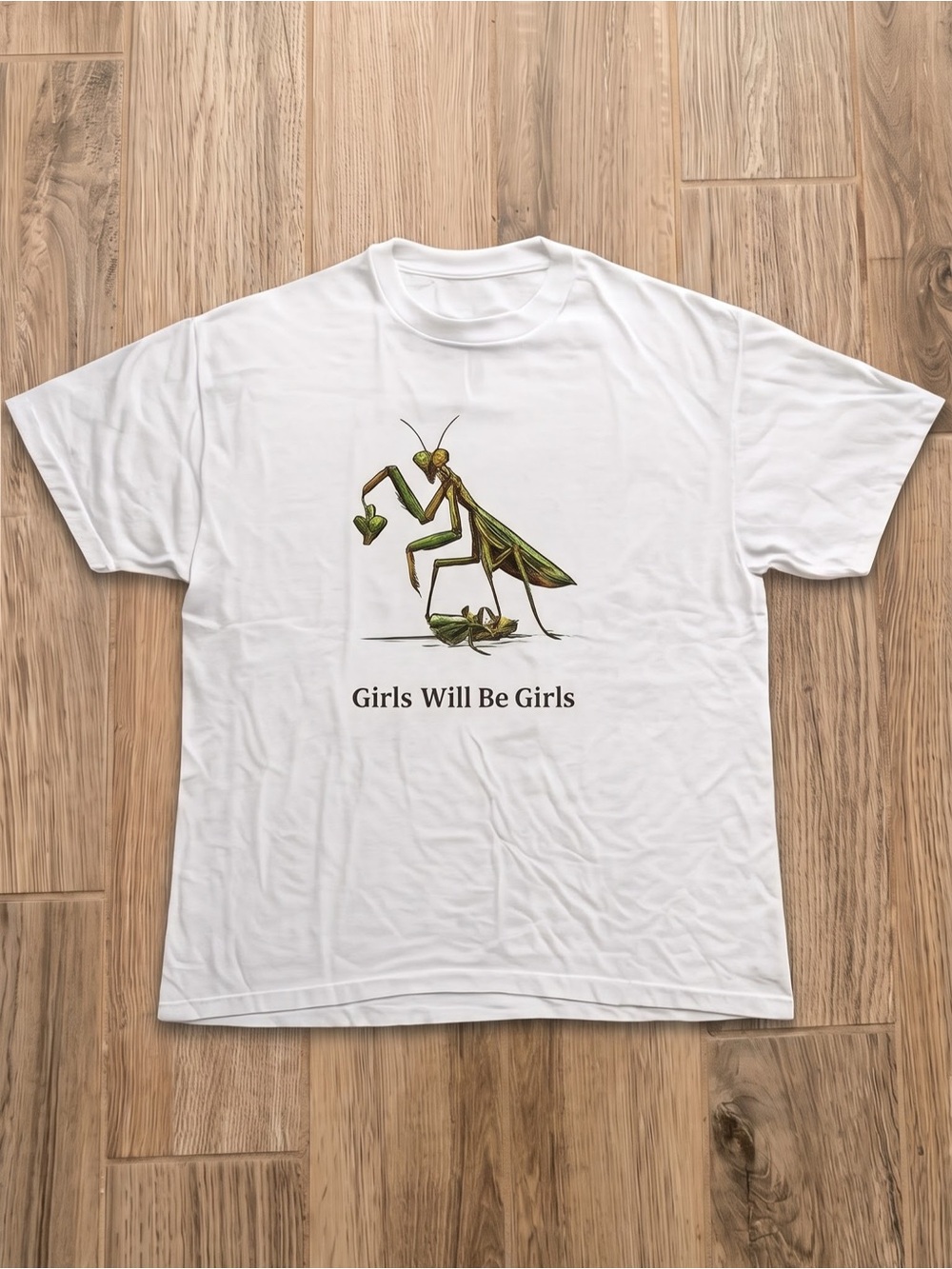 Gildan White Tee with Green Praying Mantis
Graphic